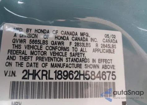 2002 Honda Odyssey Exl z USA, uszkodzony, nr VIN 2HKRL18962H584675